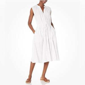 Vince Linen Blend Midi Dress L White Sleeveless Drawstring Waist NWT Minimalist